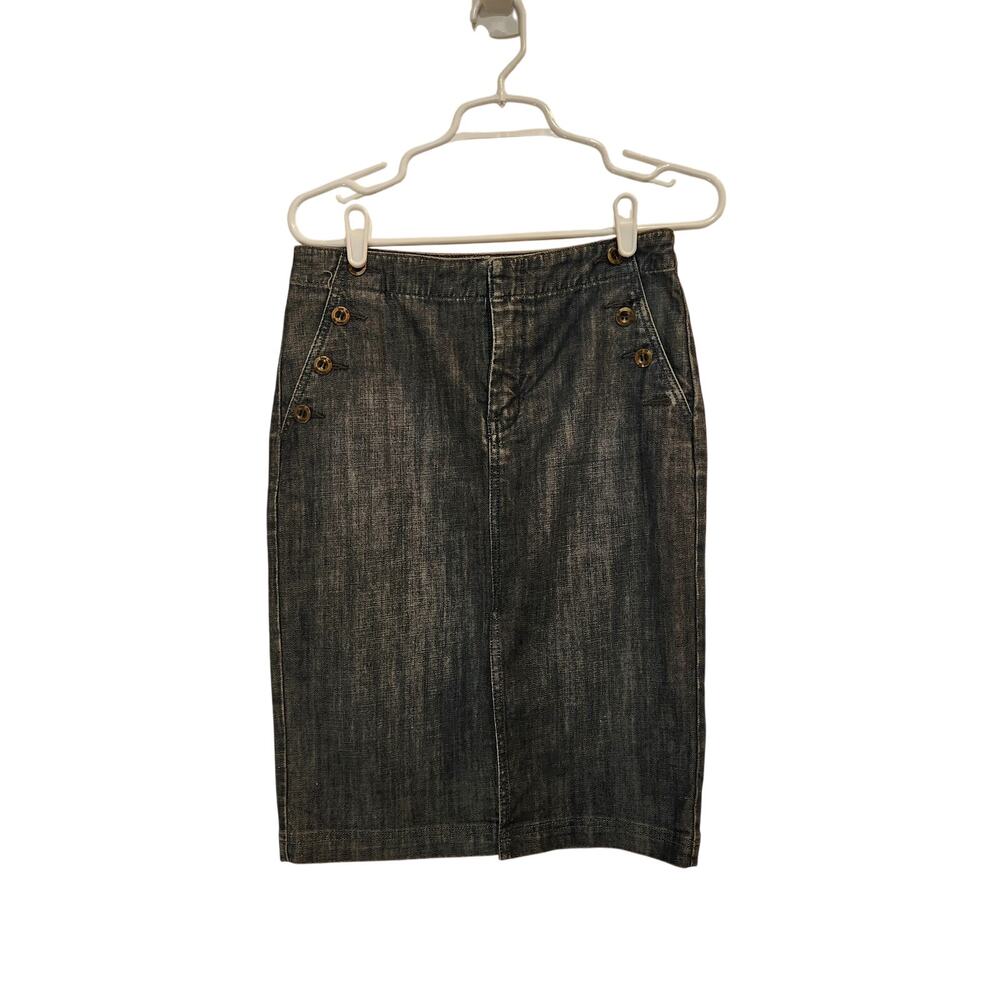 Level 99 Dark Wash Denim Back Slit Knee Length Straight Pencil Skirt Size 28